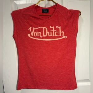 NEW Von Dutch Raglan T Shirt Red Pink Logo LARGE Y2K Runs Small Sleeveless